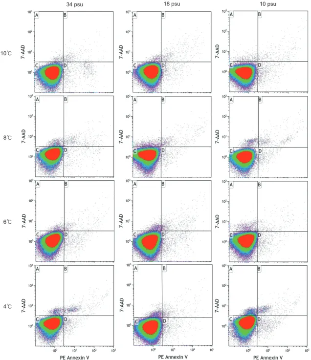 Fig. 1. Flow cytometric determination of live cell, apoptotic cell and necrotic cell in the hemocyte populations of rockfish Sebastes schlegeli  exposed across various temperatures (4, 6, 8, 10℃) and salinities (10, 18, 34 psu) on 14 days