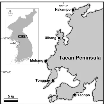 Fig. 1. A map showing the five study sites and the location of Taean  peninsula at Korea.