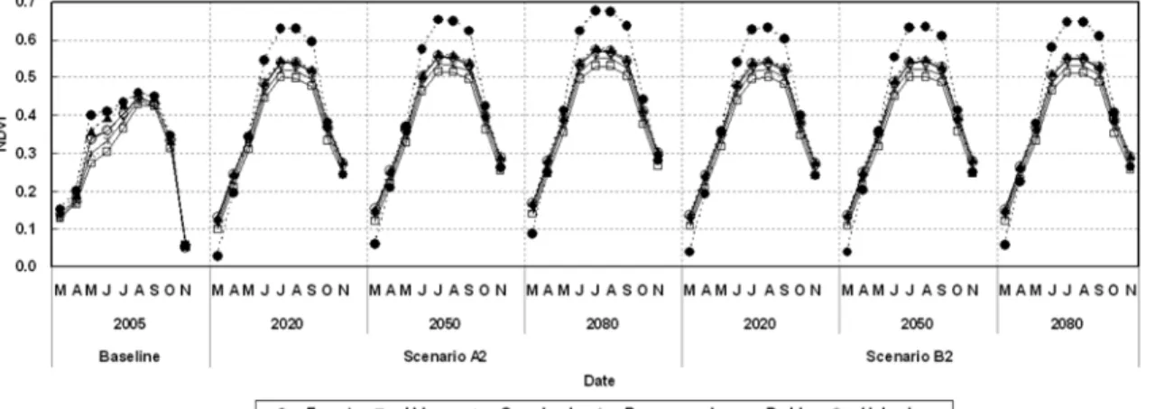 Fig. 20 The future predicted monthly NDVIs of each land use for A2 and B2 scenarios