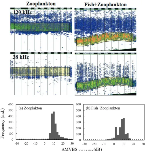 Fig. 5. The dB-difference of section of only zooplankton and mixed zooplankton and fish using 38 and 120 kHz.