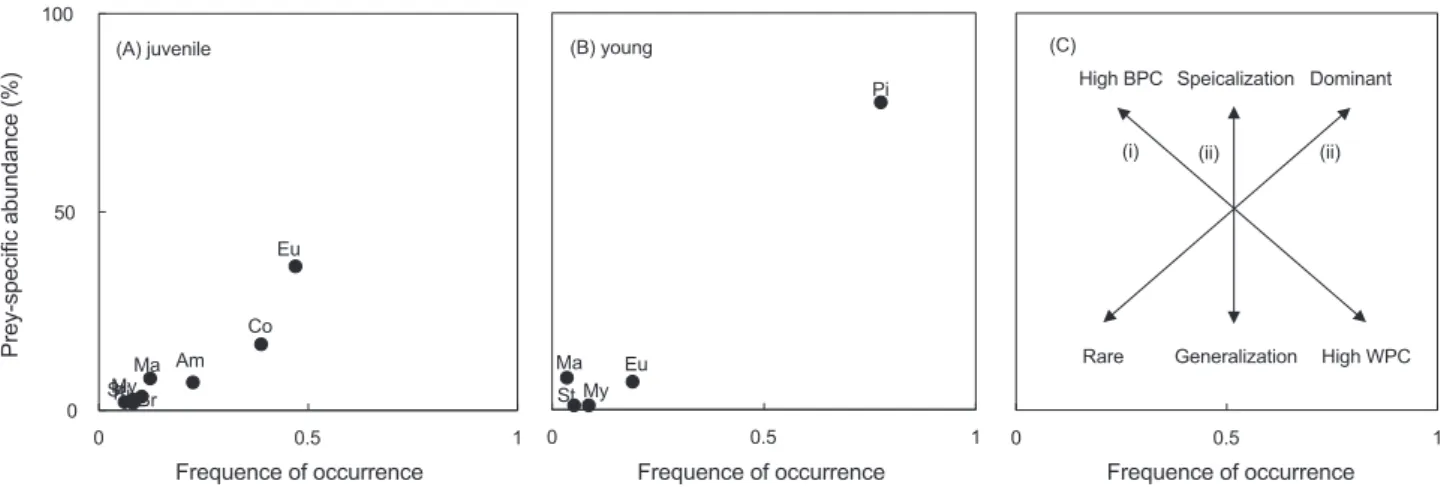 Fig. 4. Graphical representation of feeding pattern of juvenile (A) and young (B) Seriola quinqueradiata in the coastal waters of South Sea,  Korea