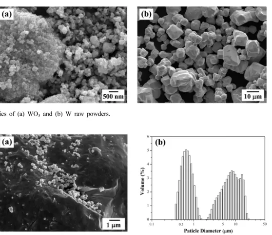 Fig. 2. Characteristics of WO 3  and W powder mixture prepared by ball milling; (a) SEM image and (b) particle size distribution.