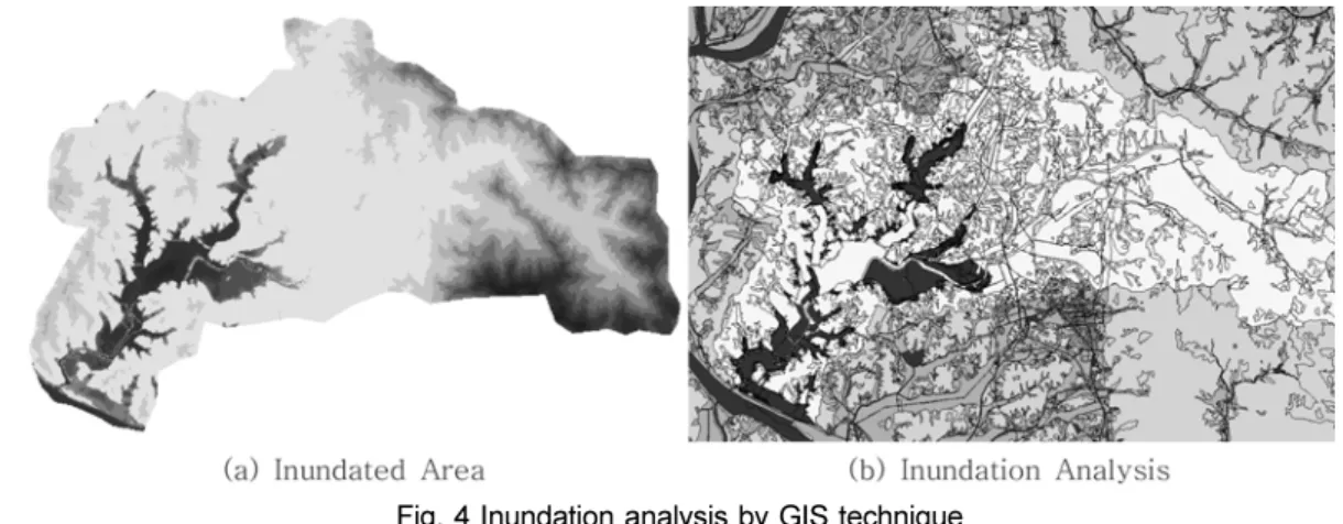 Fig. 4 Inundation analysis by GIS technique Table 7. Reduced inundation area by washland construction