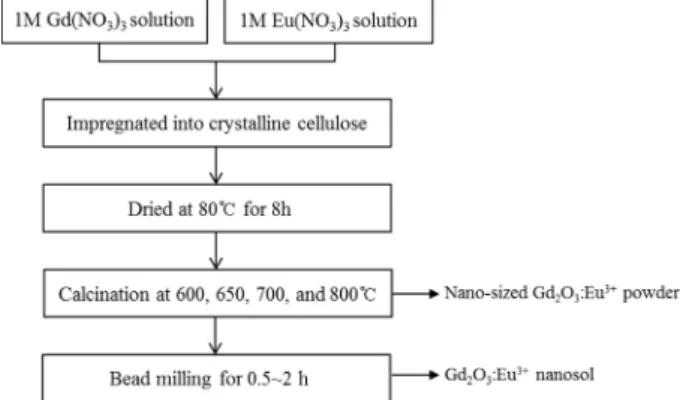 Fig. 1. Preparation process of Gd 2 O 3 :Eu 3+  red phosphor powder and its dispersed nanosol.