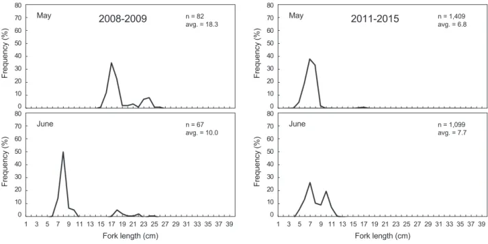 Fig. 6. Length-frequency distributions of Trachurus japonicus caught by the both sides fyke net in May and June in the years 2008-2009  (left) and 2011-2015 (right).