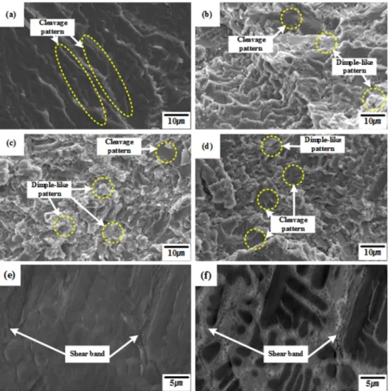 Fig. 3. SEM images of the fracture surface of (Ti 65 Fe 35 ) 100-x (Bi 53 In 47 ) x  (x = 0, 1, 5, 7) : (a) x = 0, (b) x = 1, (c) x = 5, (d) x = 7, SEM images of lateral surface of (Ti 65 Fe 35 ) 100-x (Bi 53 In 47 ) x  (x = 3) : (e) SE image (f) BSE image