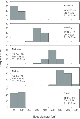 Fig. 8. Frequency distributions in egg diameter of marbled floun- floun-der  Pseudopleuronectes yokohamae in the coast of Pohang, East  Sea.