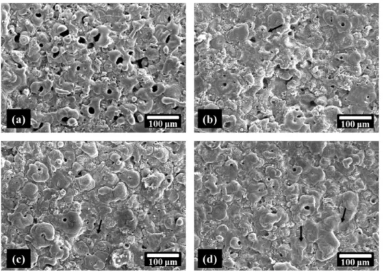 Fig. 2. SEM images representing the surface morphologies of oxide layers formed in electrolyte (a) without KF (Process 1), (b) with 3 g/