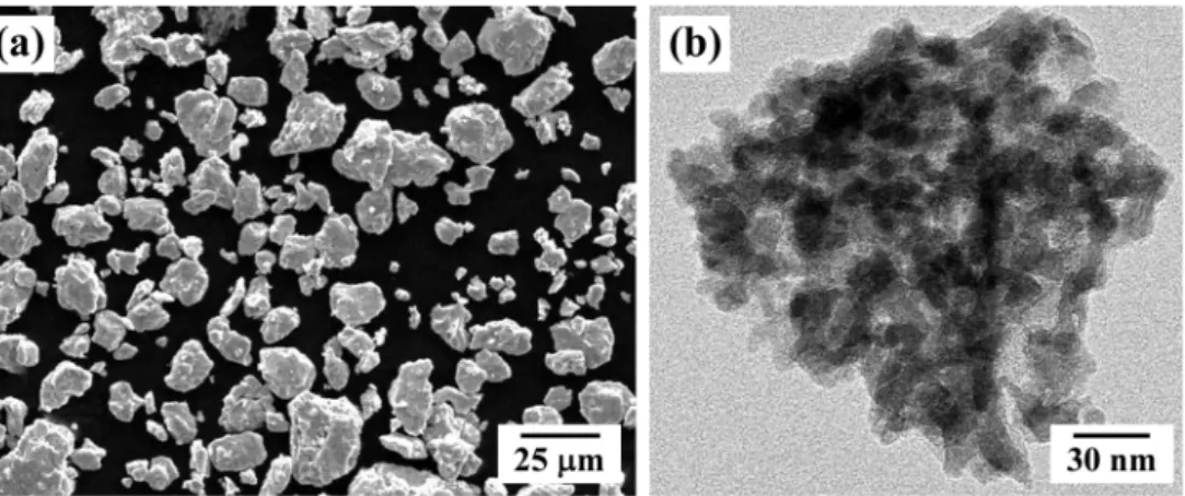 Fig. 2. Typical micrographs of high energy ball-milled Fe-Cr-Al-Ti powders for 3 h with Y 2 O 3  particles, observed by (a) SEM and (b) TEM.