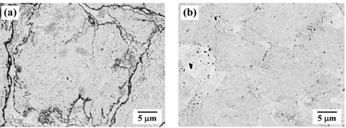 Fig. 5. SEM images (BSE mode) of the microstructure fabricated by spark plasma sintering at 1000 o C; (a) without and (b) with heat treatment of powder mixture at 400 o C before SPS.