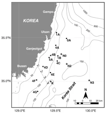 Fig. 1. Station map with bottom topography in the Korea Strait. A  thin dashed line off Busan depicts the track of CTD observations