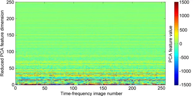 Fig. 4. A lower dimensional representation of the reduced feature matrix for the time-frequency echo pattern of black rockfish Sebastes  schlegeli as a function of the number of principal components (eigenvectors)