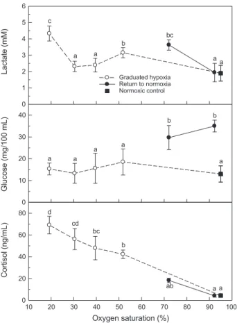 Fig. 7. Changes in plasma lactate, glucose and cortisol of the olive  flounder  Paralichthys olivaceus exposed to stepwise hypoxic and  normoxic water at 20℃
