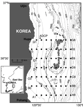 Fig. 2. Horizontal distributions of temperature (top), salinity  (middle) and density (bottom) at 2 m depth in June (left) and  Au-gust (right) 2010