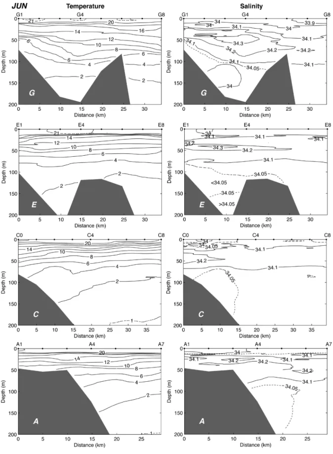 Fig. 9a. Cross-sections of temperature (left) and salinity (right) in June 2010.