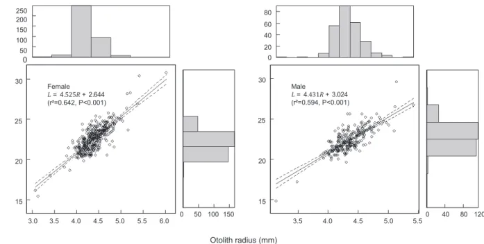 Fig. 7. Relationships between otolith radius (R) and total length (L) of Sebastes thompsoni 