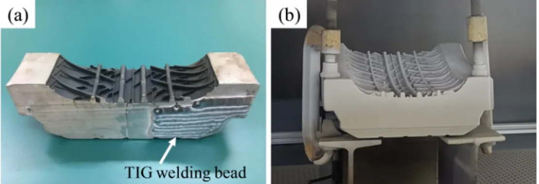 Fig. 9. (a) Appearance of the aluminum tire molds processed by (a) TIG welding and (b) warm spray.