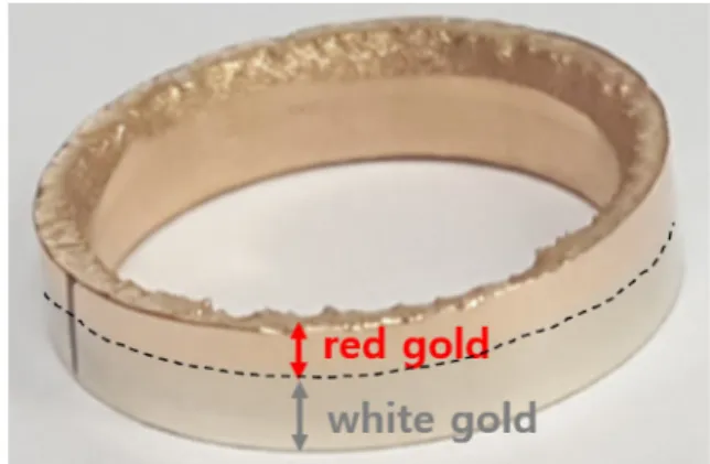 Fig. 3. Macro image of diffusion bonded white-red gold alloy.