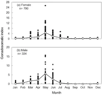 Fig. 3. Length-frequency distribution of chub mackerel Scomber  japonicus caught by purse-seine fishery in the Korean waters from  January to December 2009; n = the number of individuals  mea-sured.