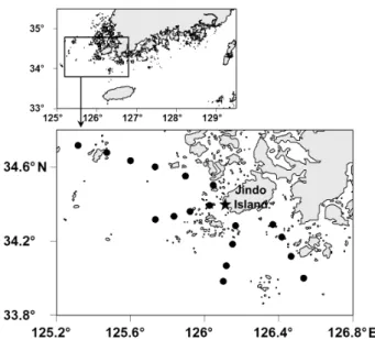 Fig. 1. Stations of CTD observation (black circles) and fish sample  (a star) for the study area.