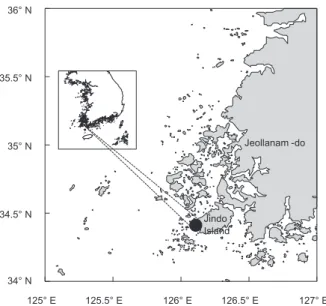 Fig. 1. Sampling station (a black circle) for the study in the coastal  waters of Jindo, Korea.