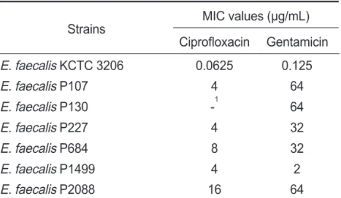 Table 5. Minimum inhibitory concentration (MIC) of antibiotics  against Enterococcus faecalis strains