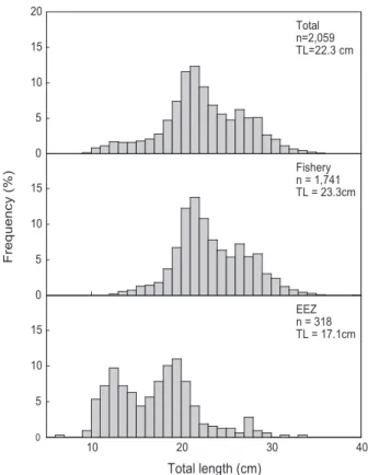 Fig. 2. Length frequency distribution of Doederleinia berycoides  in the southern sea of Korea.