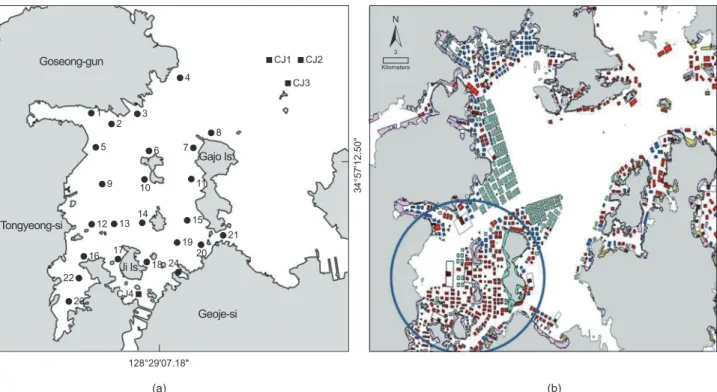 Fig. 1. Map showing the sampling stations (a) and shellfish farming ground (b, red color in blue circle) in Wonmun Bay, on the southern  coast of Korea.