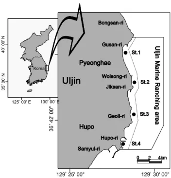 Fig. 1. Map showing the sampling stations of fisheries resources  with dredge from 2009 to 2010 in the Uljin marine ranching area,  Korea.