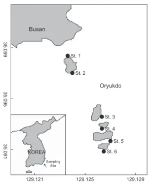 Fig. 1. The map showing sampling sites of marine algal benthic  algae in Oryukdo area, Korea.