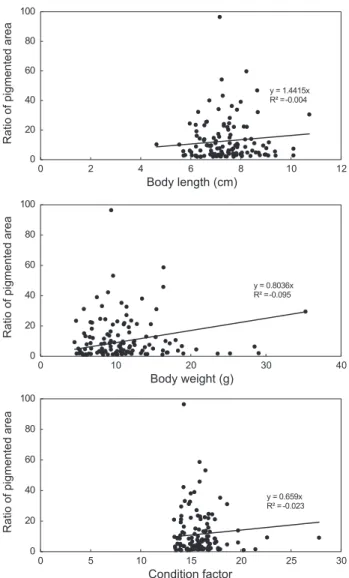 Fig. 8. Correlation between pigmented area ratio of blind-side and  body size in starry flounders Platichthys stellatus reared at artificial  facility at 120-day