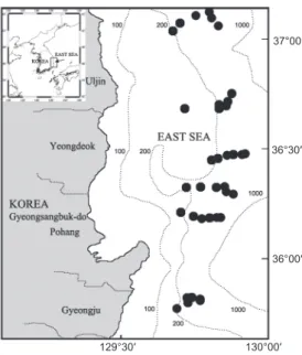 Fig. 1. Location of the sampling areas (●) in the East Sea.