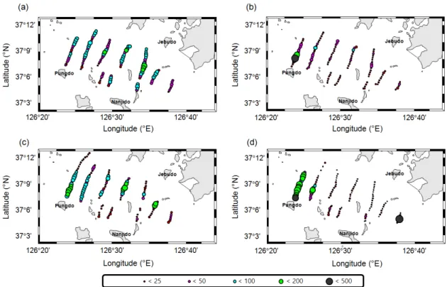 Fig. 6. Spatio-temporal distribution of fish aggregations without Engraulis japonicus using nautical area scattering coefficient  (NASC, m 2 /mile 2 ) data with 0.25 n·mile interval in Asan Bay, Korea from July to October, 2012.