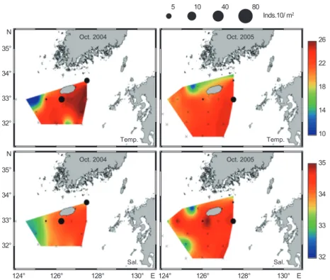 Fig. 6. Distribution of Todarodes pacificus paralarvae in the survey area during autumn (October, 2004-2005)