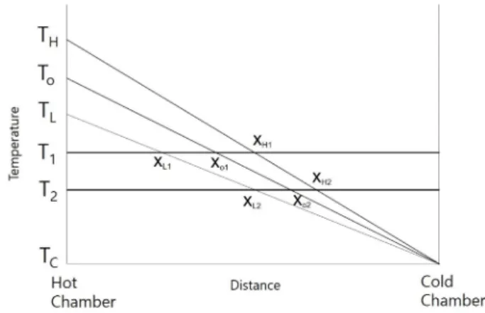Fig. 2. Hypothetical schematic diagram for temperature profile bet- bet-ween the hot chamber and the cold chamber of the temperature gradient stage