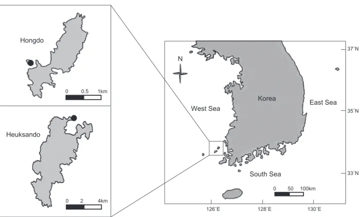 Fig. 1. A map of study sites and the location of Heuksando and Hongdo Islands, Korea.