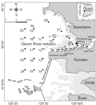 Fig. 1. A map showing the study area and the sampling stations for analyzing the trace metals in the surface sediment around Geum River estuary.