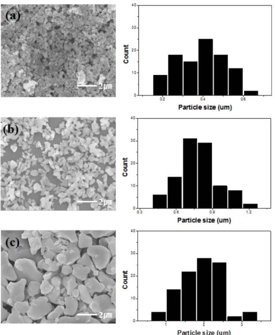 Fig. 6. SEM images and particle size distribution of SrAl 2 O 4 : Eu 2+ , Dy 3+  phosphors synthesized by two step process at various calcination temperatures: (a) 1000 o C, (b) 1200 o C and (c) 1400 o C.