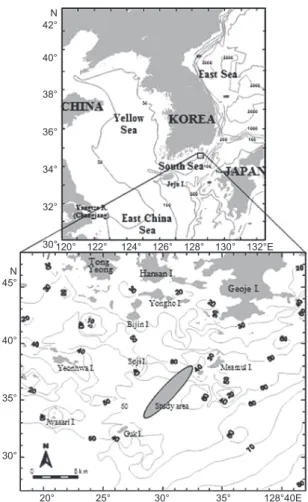 Fig. 1. A map showing sampling sites in Maemuldo, southern sea  of Korea. Gray rounded area indicates sampling area.