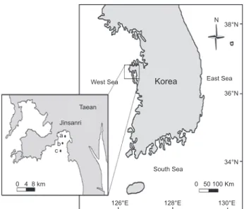 Fig. 1. A map showing the study area at Jinsanri, Taean, Korea.a: 