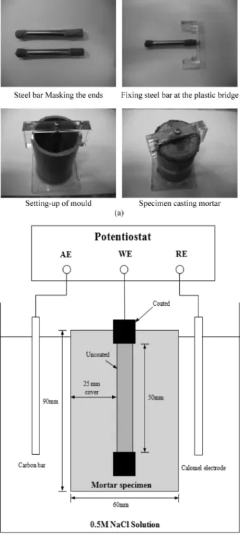 Fig. 1 Schematic of testing for corrosion of steel rebar in mortars; (a) Procedure of casting steel embedded mortar specimens (b) Measurement the corrosion rate