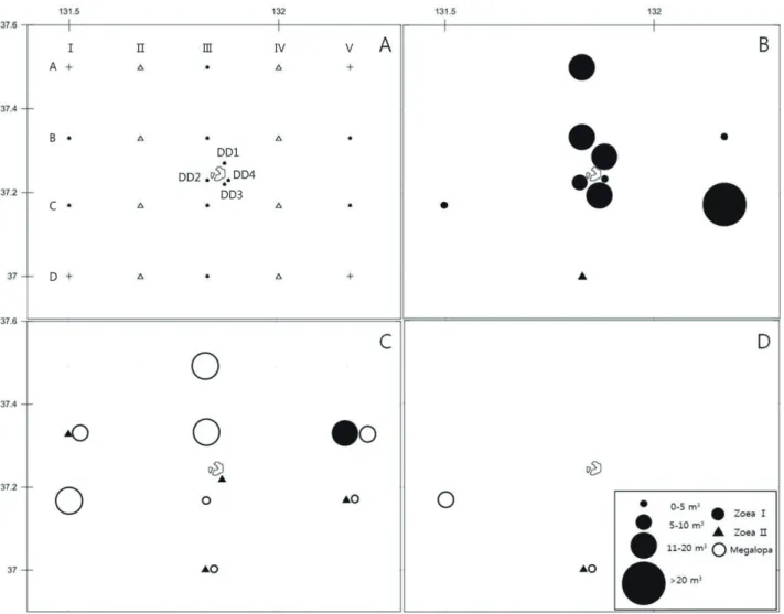 Fig. 1. Sampling stations and larval occurrence of Chinoecetes japonicus near Dokdo in the East  Sea of Korea in 2011