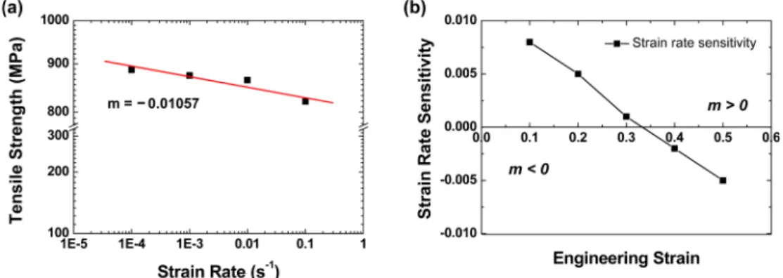 Fig. 6. (a) Strain-rate sensitivity of an Fe-24.5Mn-4Cr-0.45C alloy and (b) strain-rate sensitivity plotted as a function of the engineering strain.