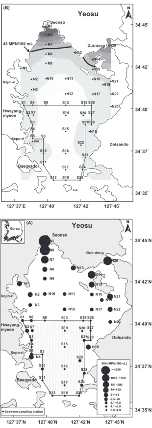 Fig. 1. Level of fecal coliform at the sampling stations (A)  and horizontal distribution of fecal coliform (B) for  seawa-ter in Kamak Bay (1998-2008)