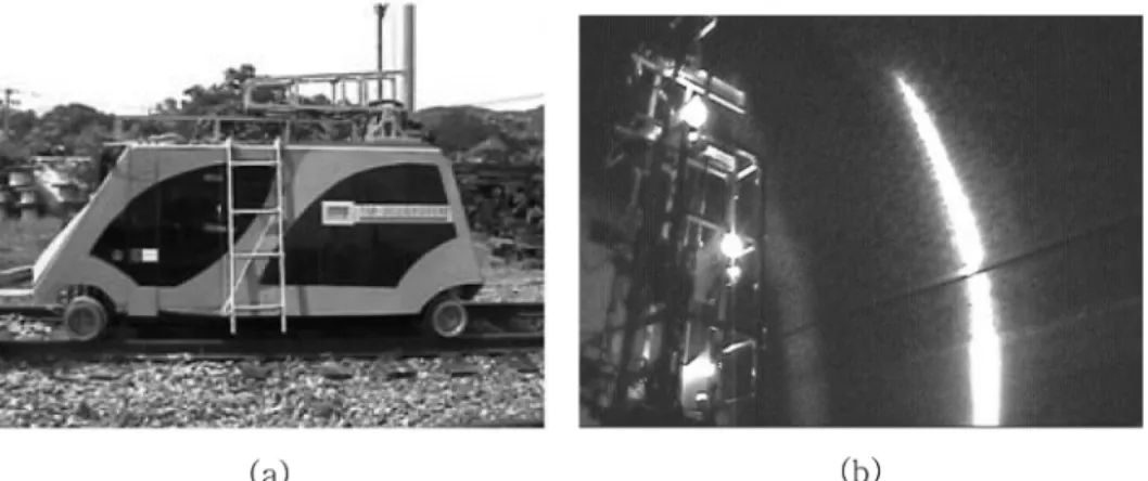 Fig. 17 Automatic Measurement System and Application Case on Tunnel Lining. (a) Automatic Measurement System, (b) Application Case