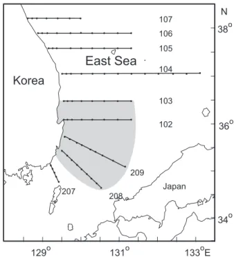 Fig. 1. Oceanographic observation line of NFRDI. Shadow  area  represented  presumptive  nursery  ground  of  common  squids Todarodes pacificus in East Sea of Korea.