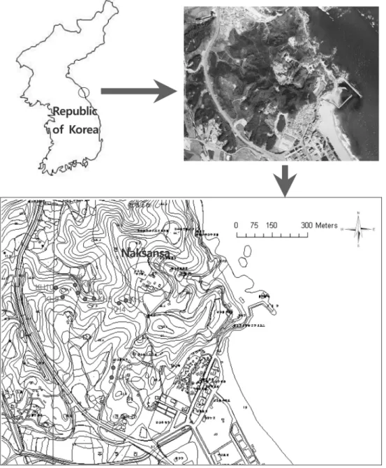 Fig. 1 Location of study plots around Naksansa in Yangyang