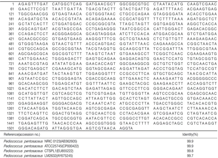 Table 4. 16S rRNA sequence (1,535 bp) of  Pediococcus pentosaceus  SH-10 The homology search of sequence data was performed  with the web-based program BLAST available at http://www.ncbi.nlm.nih.gov/BLAST
