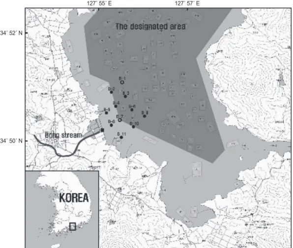 Fig. 1. Sampling stations in the Gangjinman area. ■, Bong stream; ●, Seawater; ○, Seawater and ark shell  S