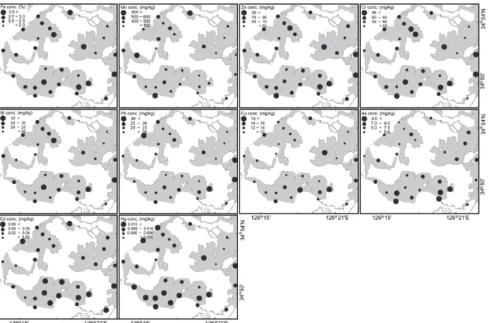 Fig. 8. The horizontal distributions of each metallic element (Fe, Mn, Zn, Cr, Pb, Ni, Cu, As, Cd, and Hg) in intertidal surface sedi- sedi-ments of Aphae Island.